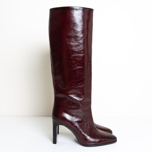 Zara Leather Boots Burgundy Wide Heel Tall Classy EU 42 - Picture 4 of 16